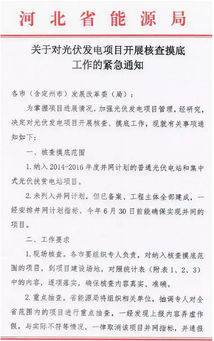 河北能源局下發《對光伏發電項目開展核查摸底工作》的通知 弄虛作假取消并網指標！