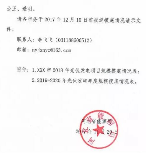 頭條！河北能源局發布《關于對2018-2020年光伏發電項目建設規模進行摸底工作的通知》