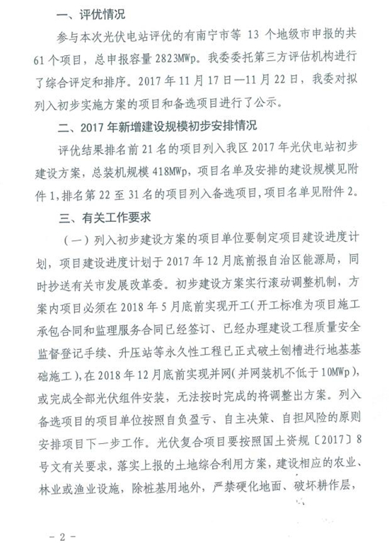 總裝機規模418MW 廣西發改委發布2017年普通光伏電站新增建設規模初步安排