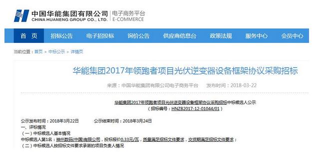 0.33元/瓦！神州數碼中標華能領跑者項目光伏逆變器采購