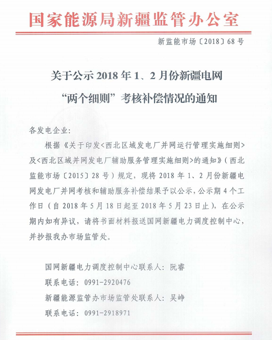 2018年1、2月新疆電網“兩個細則” 考核補償情況（光伏）